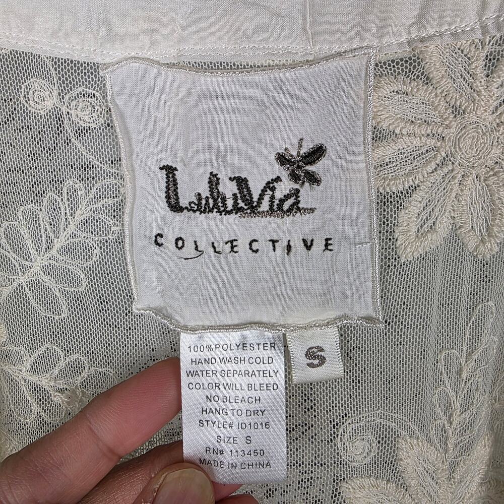 LulaVida Collective Ivory Floral Sheer Lace Kimono Duster Sz S Romantic Bohemian - Picture 2 of 7